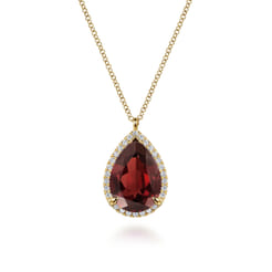 14K Yellow Gold Diamond and Flat Teardrop Garnet Necklace With Flower Pattern J-Back