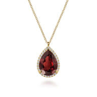 14K Yellow Gold Diamond and Flat Teardrop Garnet Necklace With Flower Pattern J-Back