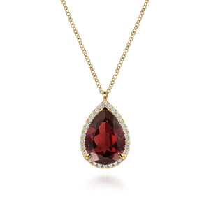 14K Yellow Gold Diamond and Flat Teardrop Garnet Necklace With Flower Pattern J-Back