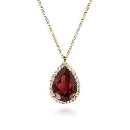 14K Yellow Gold Diamond and Flat Teardrop Garnet Necklace With Flower Pattern J-Back