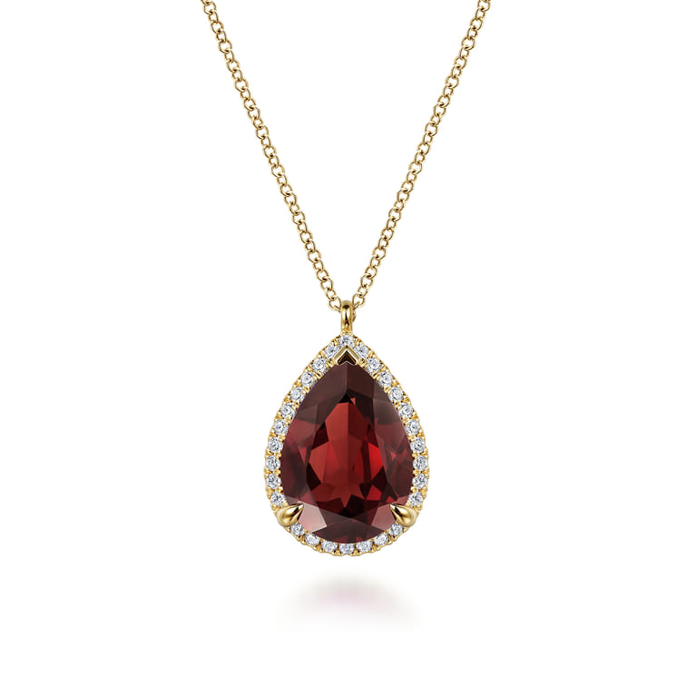 14K Yellow Gold Diamond and Flat Teardrop Garnet Necklace With Flower Pattern J-Back - 0.21 ct - Shot 1