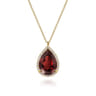 14K Yellow Gold Diamond and Flat Teardrop Garnet Necklace With Flower Pattern J-Back - 0.21 ct