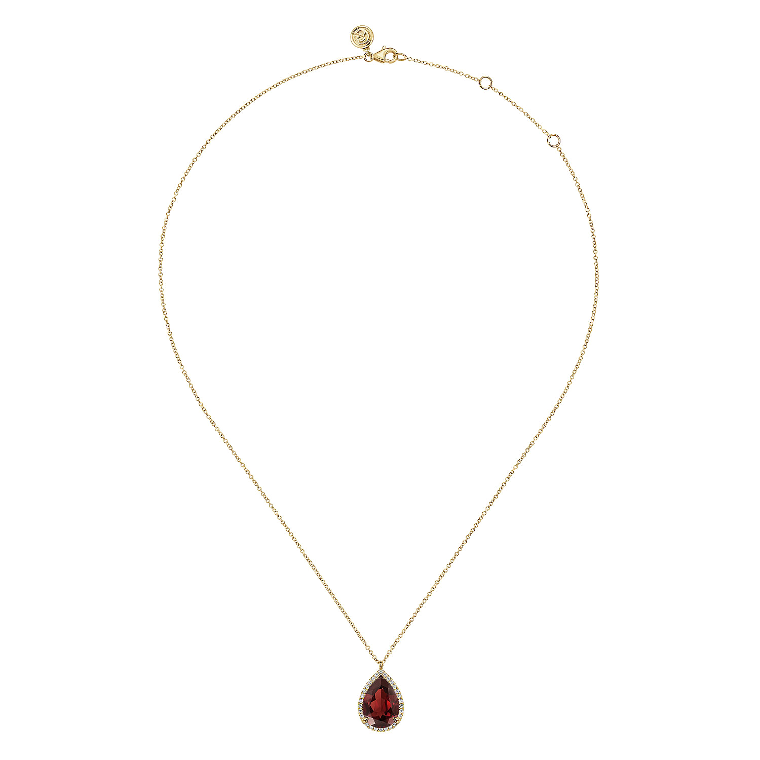 14K Yellow Gold Diamond and Flat Teardrop Garnet Necklace With Flower Pattern J-Back - 0.21 ct - Shot 2