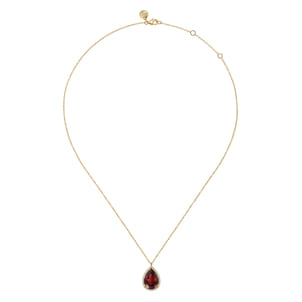 14K Yellow Gold Diamond and Flat Teardrop Garnet Necklace With Flower Pattern J-Back