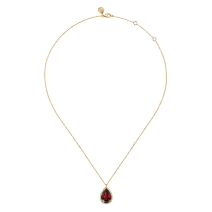 14K Yellow Gold Diamond and Flat Teardrop Garnet Necklace With Flower Pattern J-Back