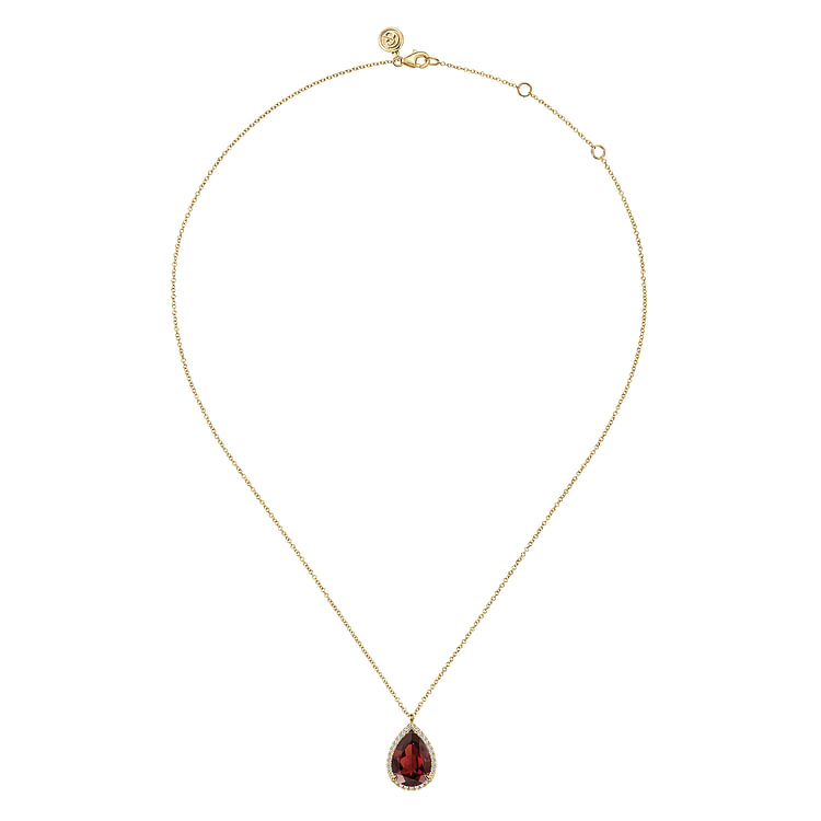 14K Yellow Gold Diamond and Flat Teardrop Garnet Necklace With Flower Pattern J-Back