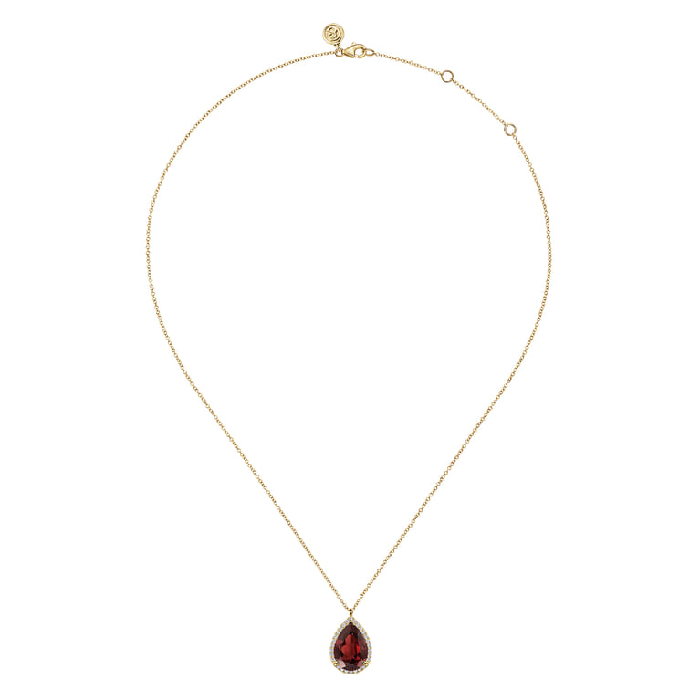 14K Yellow Gold Diamond and Flat Teardrop Garnet Necklace With Flower Pattern J-Back - 0.21 ct - Shot 2