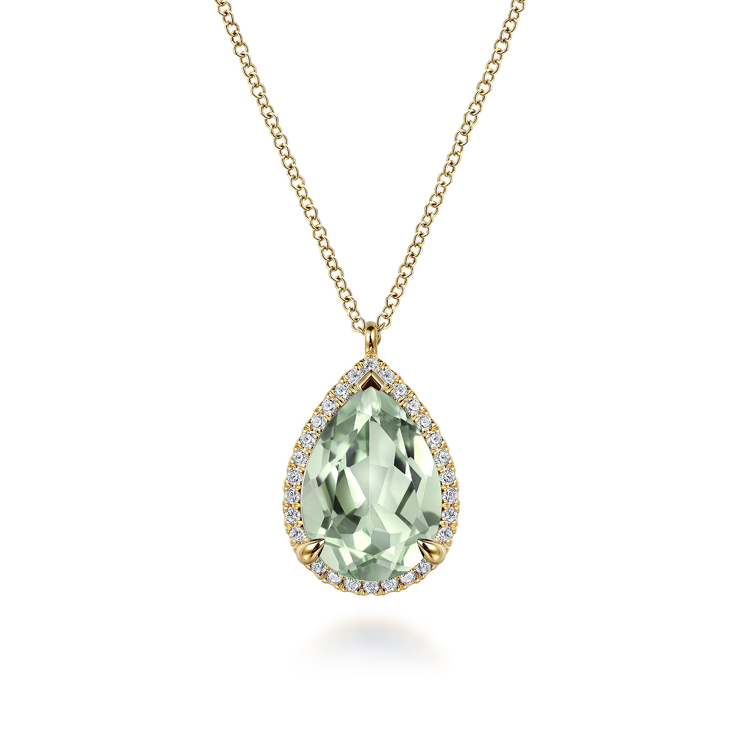 14K Yellow Gold Diamond and Flat Teardrop Green Amethyst Necklace With Flower Pattern J-Back