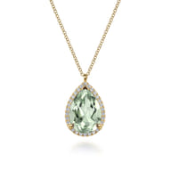 14K Yellow Gold Diamond and Flat Teardrop Green Amethyst Necklace With Flower Pattern J-Back