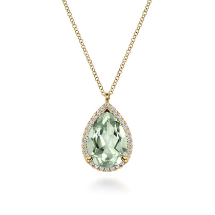 14K Yellow Gold Diamond and Flat Teardrop Green Amethyst Necklace With Flower Pattern J-Back