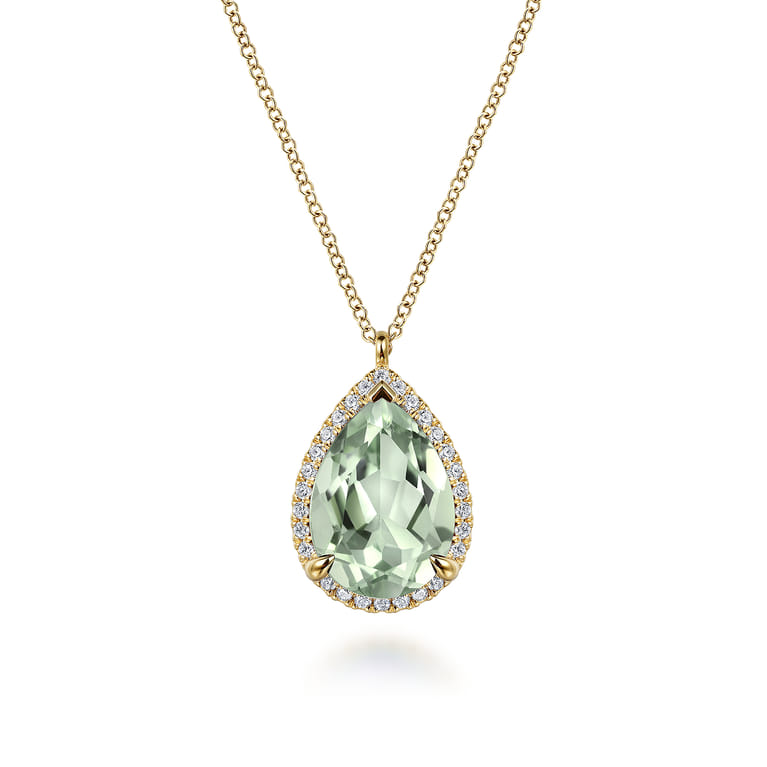14K Yellow Gold Diamond and Flat Teardrop Green Amethyst Necklace With Flower Pattern J-Back - 0.21 ct - Shot 1