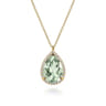 14K Yellow Gold Diamond and Flat Teardrop Green Amethyst Necklace With Flower Pattern J-Back - 0.21 ct