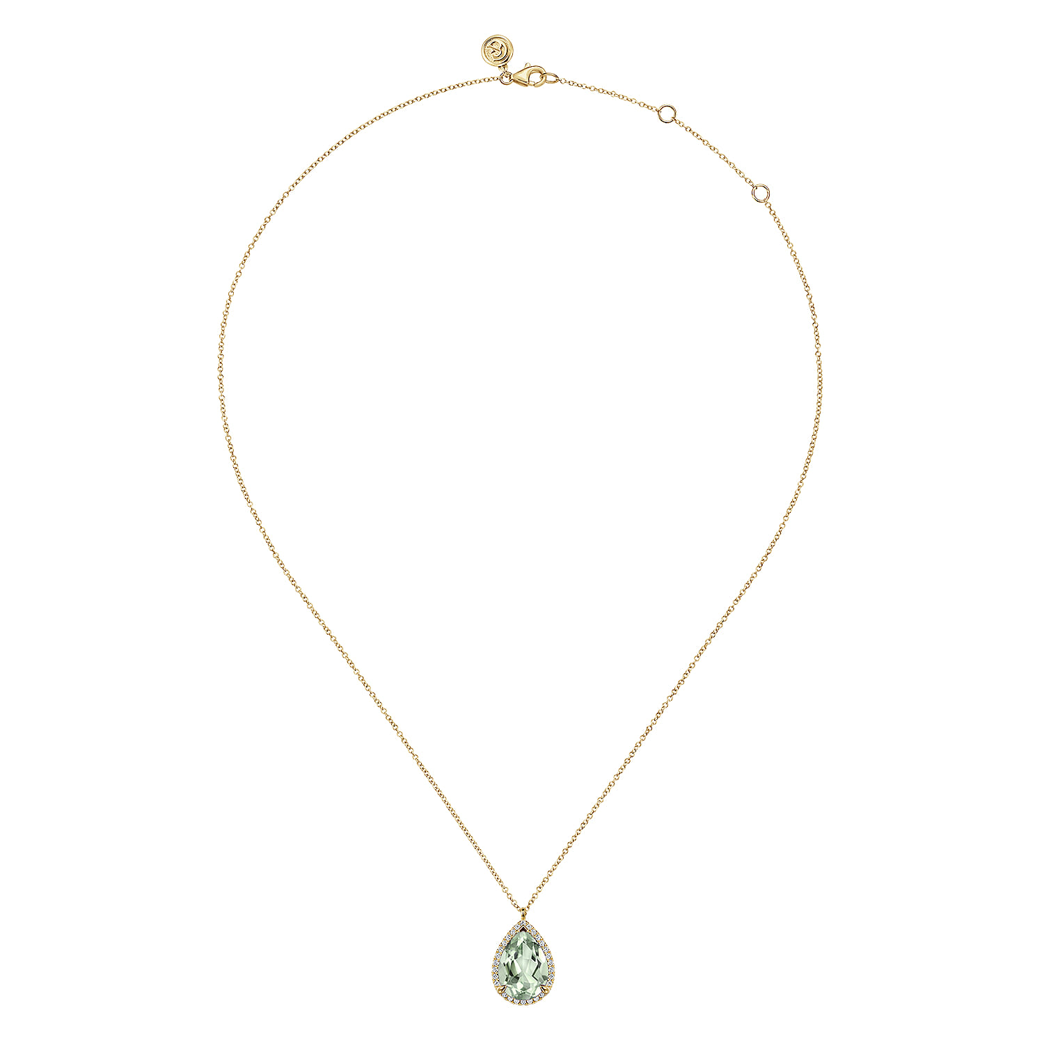 14K Yellow Gold Diamond and Flat Teardrop Green Amethyst Necklace With Flower Pattern J-Back