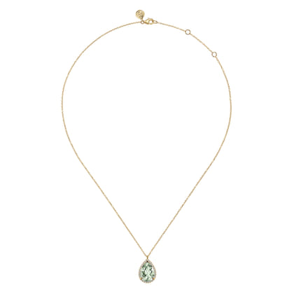 14K Yellow Gold Diamond and Flat Teardrop Green Amethyst Necklace With Flower Pattern J-Back
