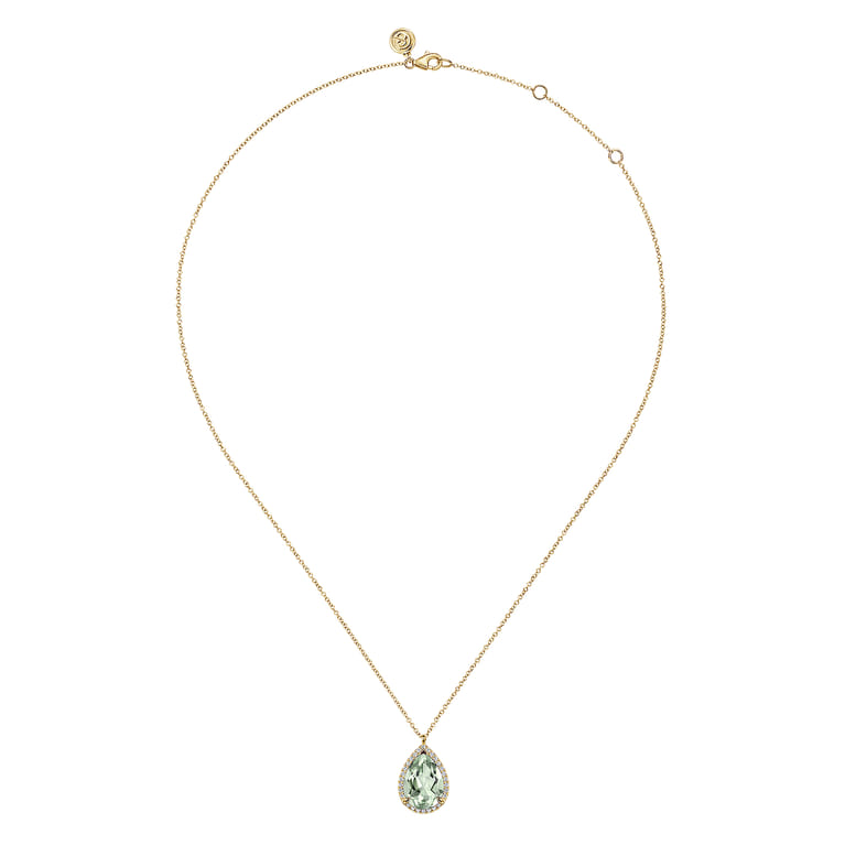 14K Yellow Gold Diamond and Flat Teardrop Green Amethyst Necklace With Flower Pattern J-Back - 0.21 ct - Shot 2