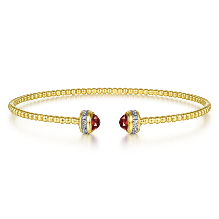 14K Yellow Gold Diamond and Garnet Bujukan Open Bangle - 0.2 ct - Shot 1