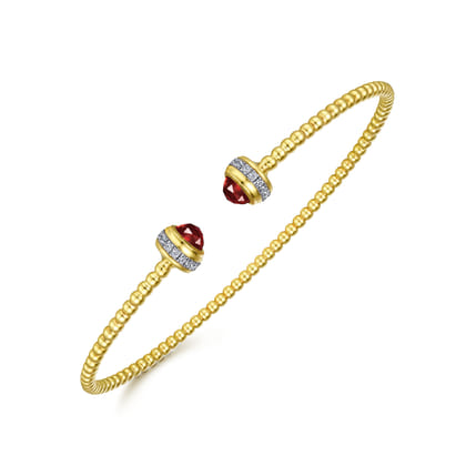 14K Yellow Gold Diamond and Garnet Bujukan Open Bangle