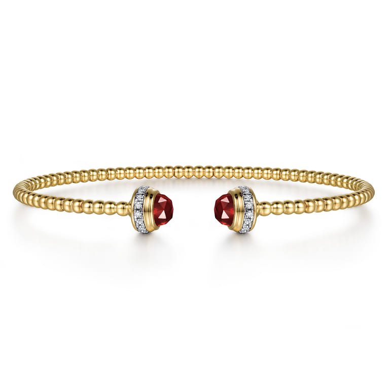 14K Yellow Gold Diamond and Garnet Bujukan Open Bangle - 0.2 ct - Shot 1