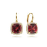 14K Yellow Gold Diamond and Garnet Cushion Cut Earrings With Flower Pattern J-Back - 0.5 ct