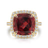 14K Yellow Gold Diamond and Garnet Cushion Cut Ladies Ring With Flower Pattern Gallery - 0.6 ct