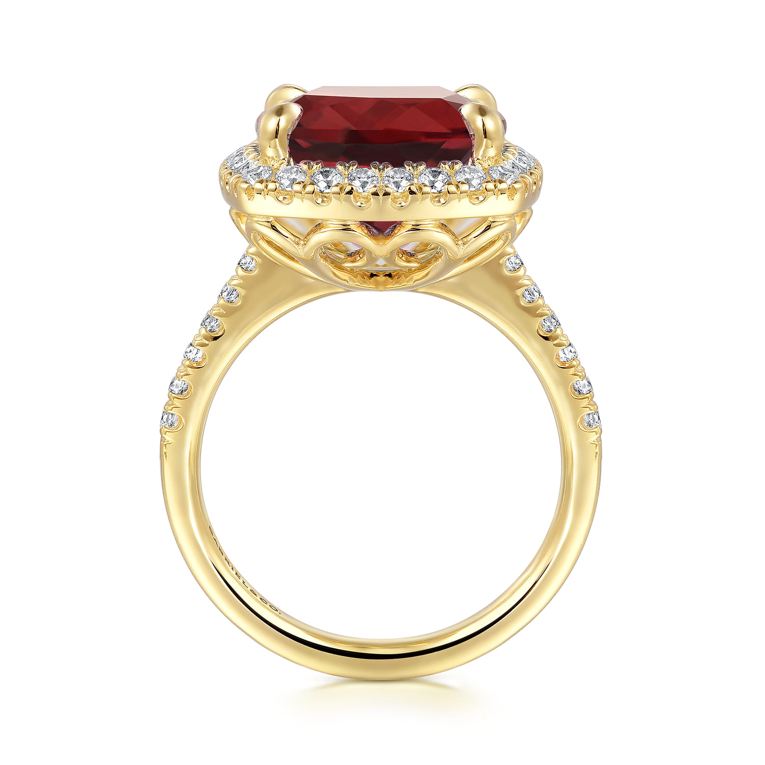 14K Yellow Gold Diamond and Garnet Cushion Cut Ladies Ring With Flower Pattern Gallery - 0.6 ct - Shot 2