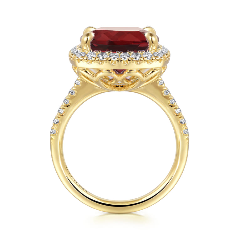 14K Yellow Gold Diamond and Garnet Cushion Cut Ladies Ring With Flower Pattern Gallery - 0.6 ct - Shot 2