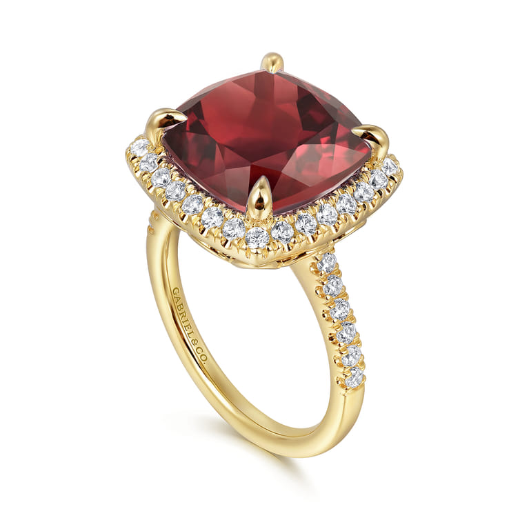 14K Yellow Gold Diamond and Garnet Cushion Cut Ladies Ring With Flower Pattern Gallery - 0.6 ct - Shot 3