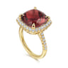 14K Yellow Gold Diamond and Garnet Cushion Cut Ladies Ring With Flower Pattern Gallery - 0.6 ct