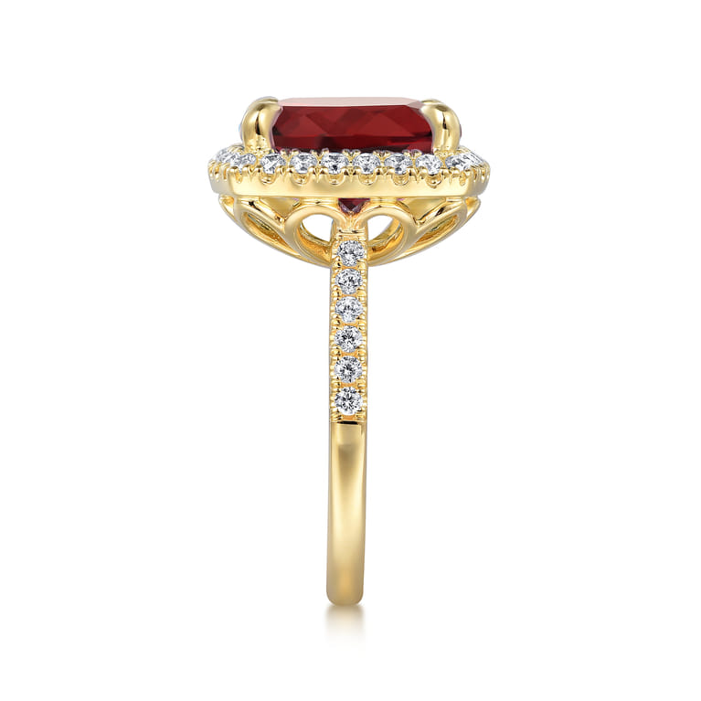 14K Yellow Gold Diamond and Garnet Cushion Cut Ladies Ring With Flower Pattern Gallery - 0.6 ct - Shot 4