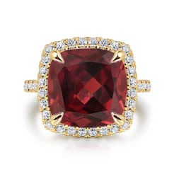 14K Yellow Gold Diamond and Garnet Cushion Cut Ladies Ring with Flower Pattern Gallery
