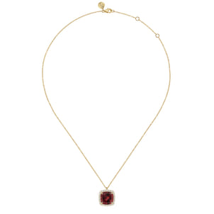 14K Yellow Gold Diamond and Garnet Cushion Cut Necklace With Flower Pattern J-Back