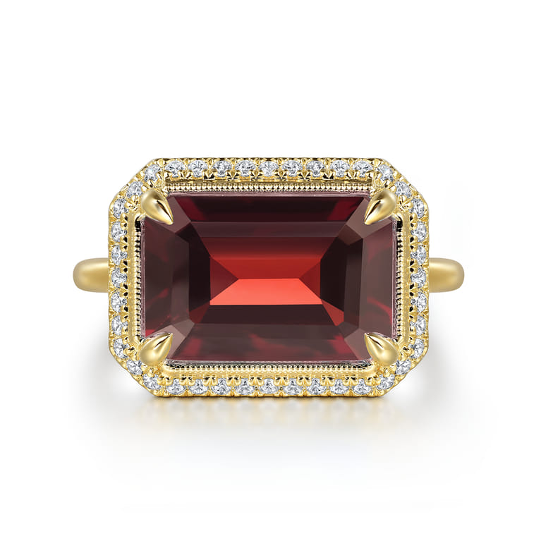 14K Yellow Gold Diamond and Garnet Emerald Cut Ladies Ring With Flower Pattern Gallery - 0.2 ct - Shot 1