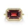 14K Yellow Gold Diamond and Garnet Emerald Cut Ladies Ring With Flower Pattern Gallery - 0.2 ct