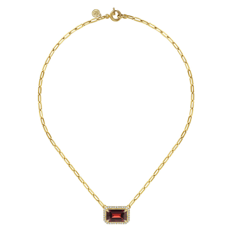 14K Yellow Gold Diamond and Garnet Emerald Cut Necklace With Flower Pattern Gallery - 0.5 ct - Shot 2