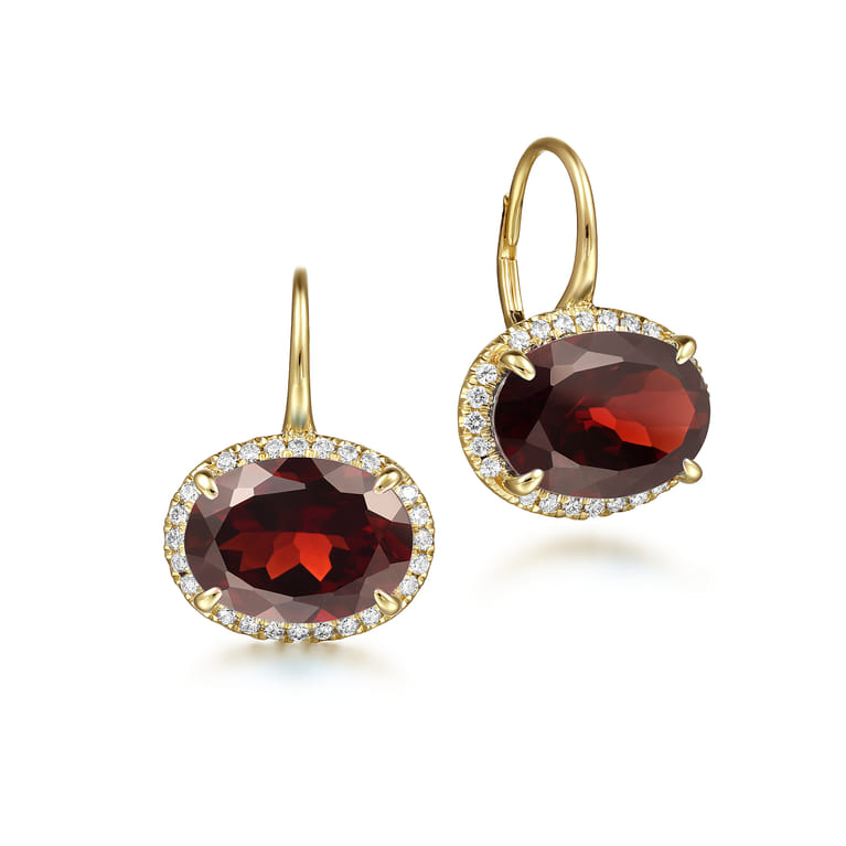 14K Yellow Gold Diamond and Garnet Oval Shape Earrings With Flower Pattern J-Back - 0.5 ct - Shot 1