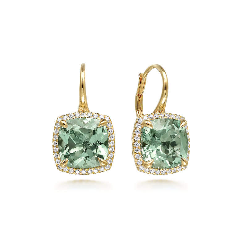14K Yellow Gold Diamond and Green Amethyst Cushion Cut Earrings With Flower Pattern J-Back - 0.5 ct - Shot 1