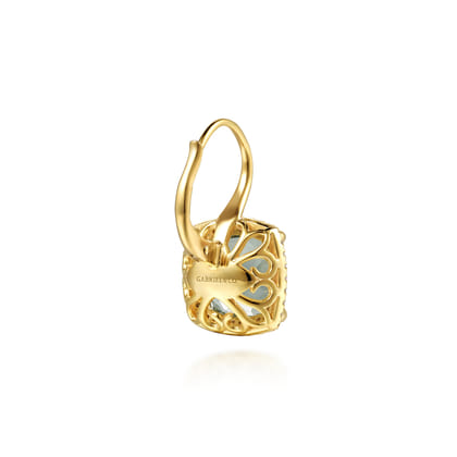 14K Yellow Gold Diamond and Green Amethyst Cushion Cut Earrings With Flower Pattern J-Back