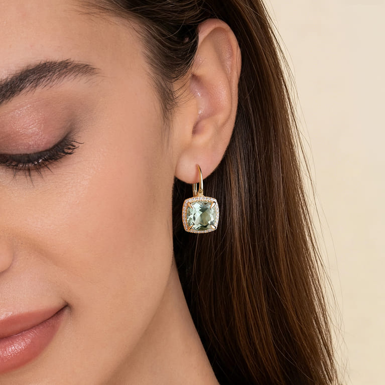 14K Yellow Gold Diamond and Green Amethyst Cushion Cut Earrings With Flower Pattern J-Back - 0.5 ct - Shot 3