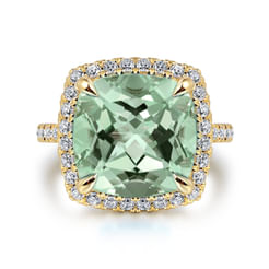 14K Yellow Gold Diamond and Green Amethyst Cushion Cut Ladies Ring With Flower Pattern Gallery