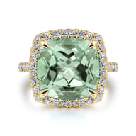 14K Yellow Gold Diamond and Green Amethyst Cushion Cut Ladies Ring With Flower Pattern Gallery