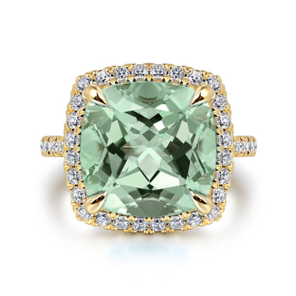 14K Yellow Gold Diamond and Green Amethyst Cushion Cut Ladies Ring With Flower Pattern Gallery