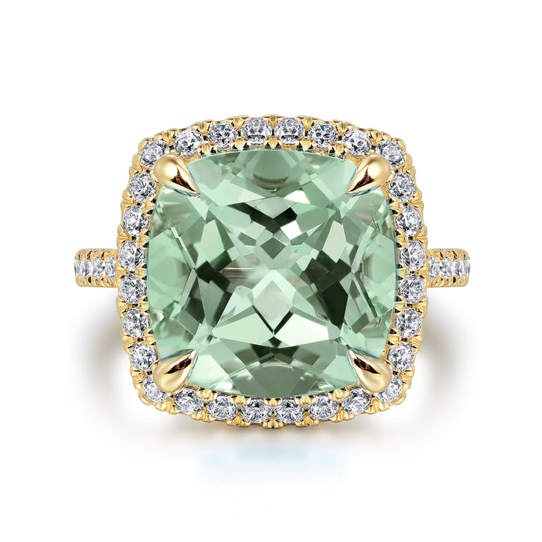 14K Yellow Gold Diamond and Green Amethyst Cushion Cut Ladies Ring With Flower Pattern Gallery - 0.6 ct - Shot 1