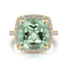 14K Yellow Gold Diamond and Green Amethyst Cushion Cut Ladies Ring With Flower Pattern Gallery - 0.6 ct