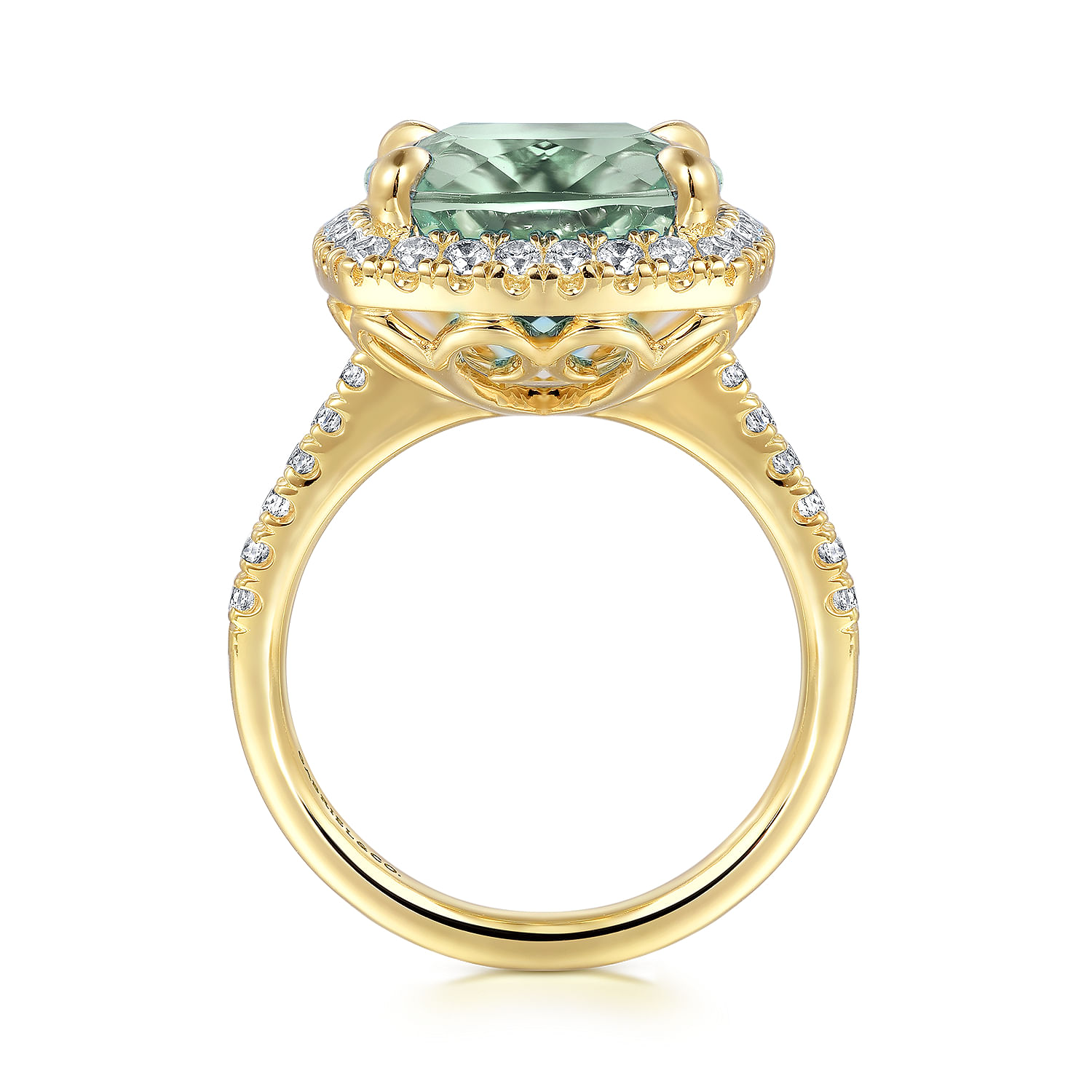 14K Yellow Gold Diamond and Green Amethyst Cushion Cut Ladies Ring With Flower Pattern Gallery