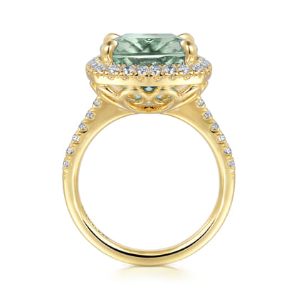 14K Yellow Gold Diamond and Green Amethyst Cushion Cut Ladies Ring With Flower Pattern Gallery