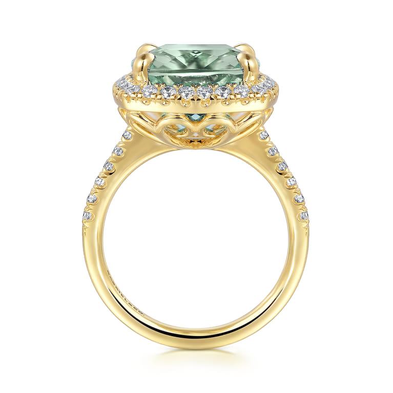 14K Yellow Gold Diamond and Green Amethyst Cushion Cut Ladies Ring With Flower Pattern Gallery - 0.6 ct - Shot 2