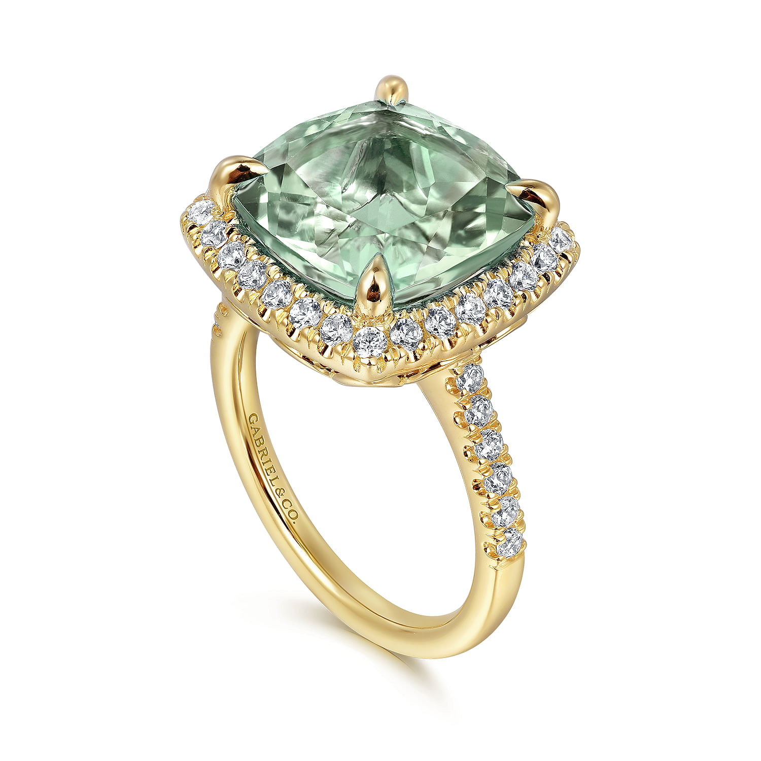 14K Yellow Gold Diamond and Green Amethyst Cushion Cut Ladies Ring With Flower Pattern Gallery