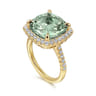 14K Yellow Gold Diamond and Green Amethyst Cushion Cut Ladies Ring With Flower Pattern Gallery - 0.6 ct