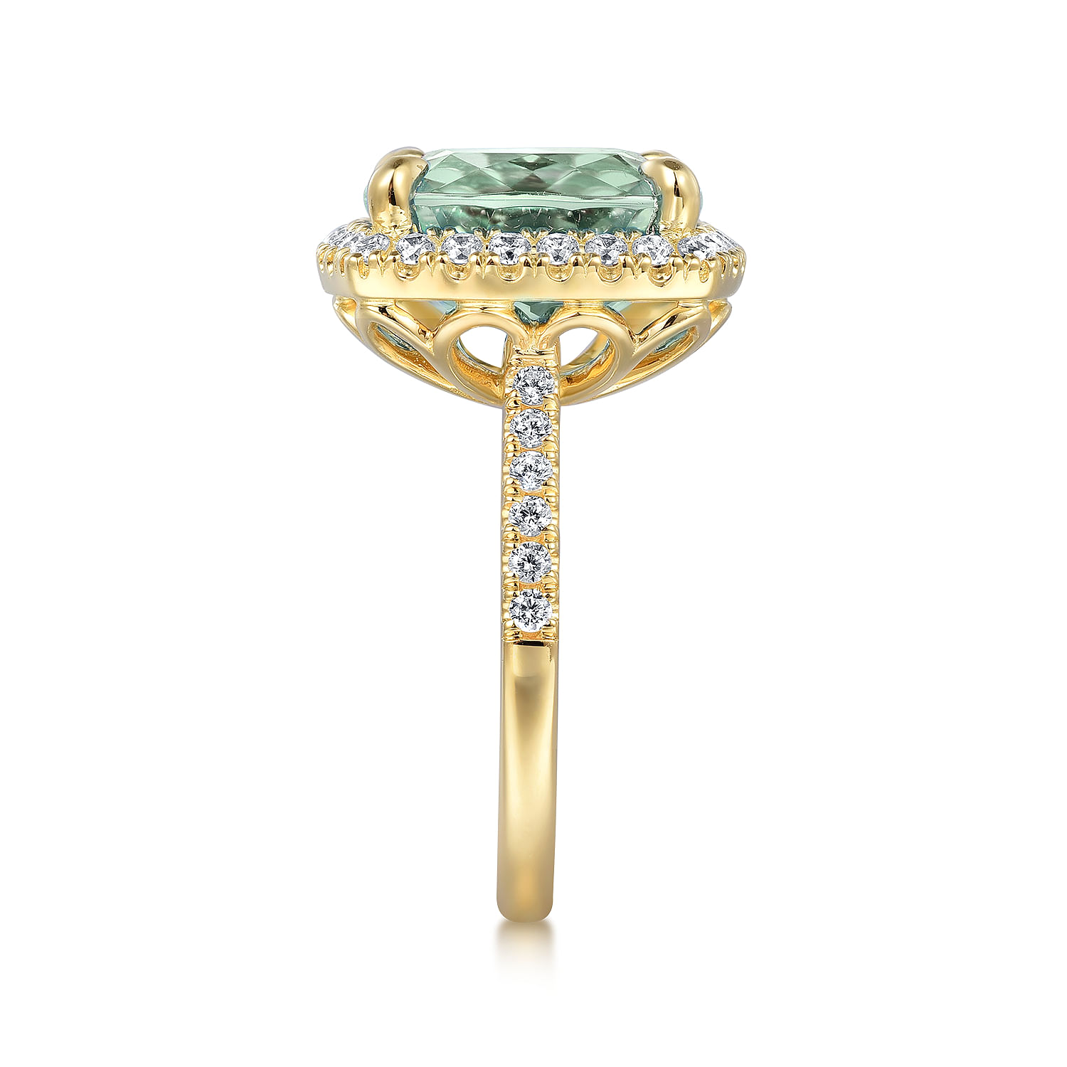 14K Yellow Gold Diamond and Green Amethyst Cushion Cut Ladies Ring With Flower Pattern Gallery