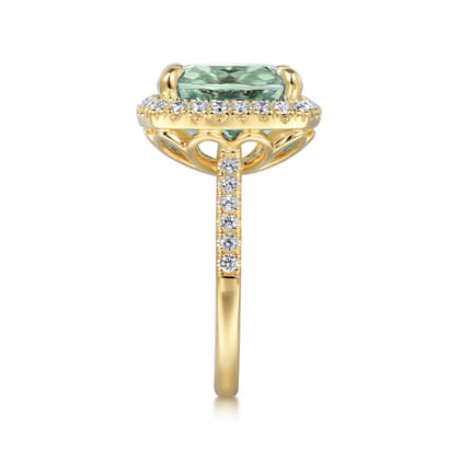 14K Yellow Gold Diamond and Green Amethyst Cushion Cut Ladies Ring With Flower Pattern Gallery